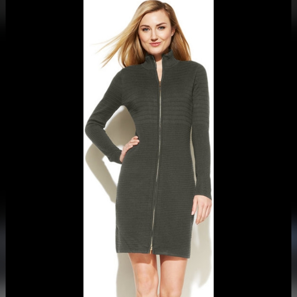 Calvin klein textured zip front long sleeve Zip-Up Sweater Dress
